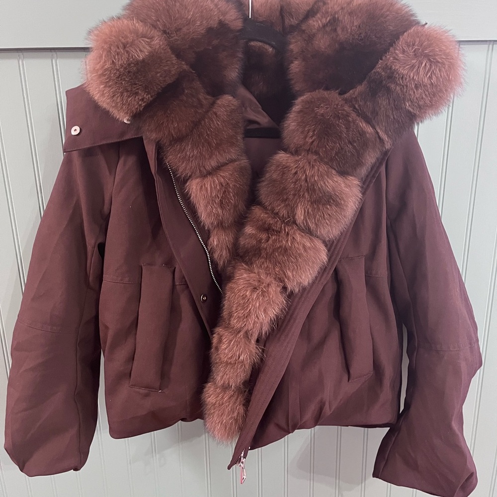 Women's Real Fox Fur Trim Down Bomber Jacket - Chestnut Brown